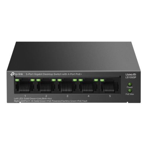 TP-LINK (LS105GP) 5-Port Gigabit Desktop LiteWave Switch with 4-Port PoE+ Metal Casing