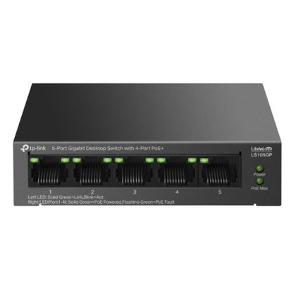 TP-LINK (LS105GP) 5-Port Gigabit Desktop LiteWave Switch with 4-Port PoE+ Metal Casing