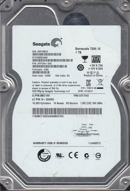 9YP154-543 Seagate Barracuda 1TB 7200RPM SATA 6GB/s 32MB Cache 3.5-inch Internal Hard Drive