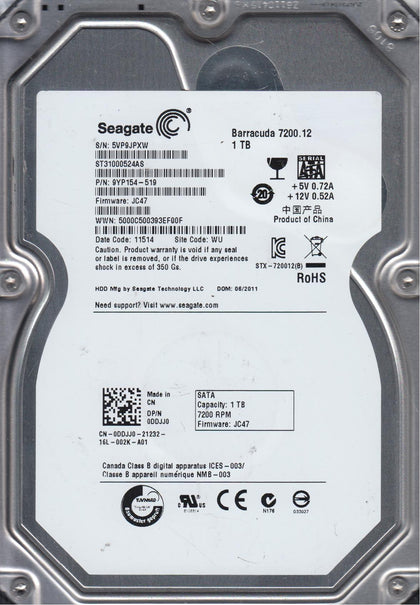 9YP154-519 Seagate Barracuda 1TB 7200RPM SATA 6GB/s 32MB Cache 3.5-inch Internal Hard Drive