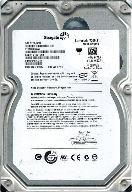 9FZ136-621 Seagate Barracuda 7200.11 1TB 7200RPM SATA 3Gbps 32MB Cache 3.5-inch Internal Hard Drive