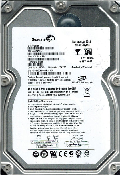 9CA158-271 Seagate Barracuda ES.2 1TB 7200RPM SATA 3Gbps 32MB Cache 3.5-inch Internal Hard Drive