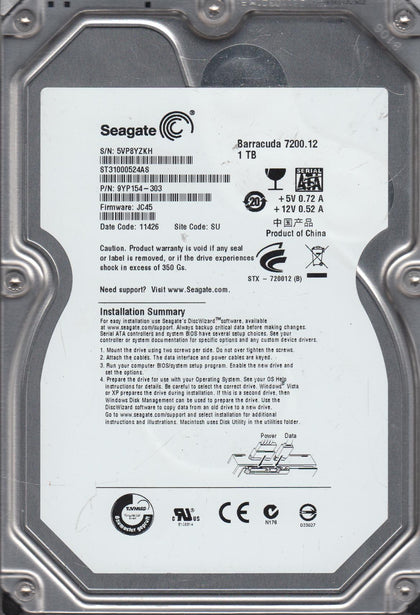 9YP154-303 Seagate Barracuda 1TB 7200RPM SATA 6GB/s 32MB Cache 3.5-inch Internal Hard Drive