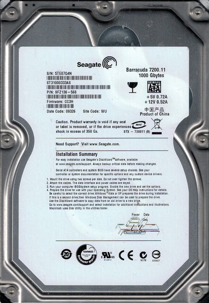 9FZ136-569 Seagate Barracuda 7200.11 1TB 7200RPM SATA 3Gbps 32MB Cache 3.5-inch Internal Hard Drive