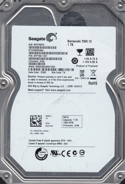9YP154-521 Seagate Barracuda 1TB 7200RPM SATA 6GB/s 32MB Cache 3.5-inch Internal Hard Drive