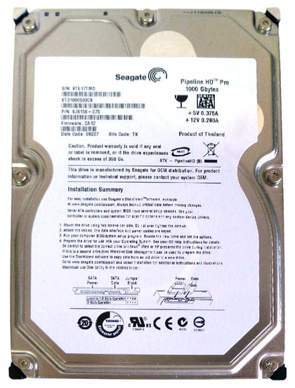 ST31000533CS Seagate Pipeline HD 1TB 7200RPM SATA 3GB/s 32MB Cache 3.5-inch Hard Drive
