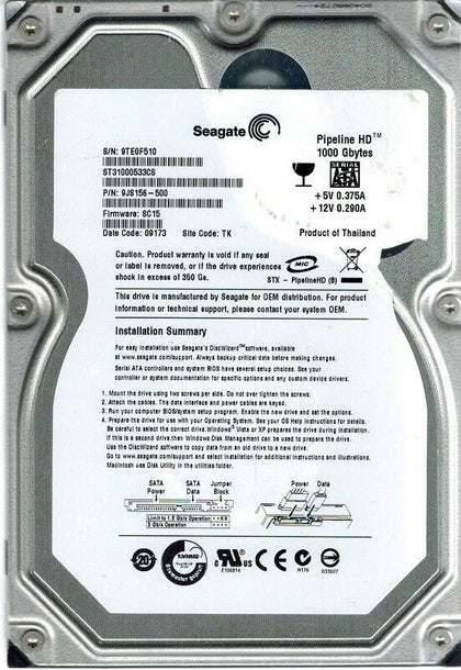 9JS156-500 Seagate Pipeline HD 1TB 7200RPM SATA 3Gbps 32MB Cache 3.5-inch Internal Hard Drive