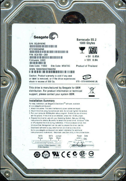 9CA158-269 Seagate Barracuda ES.2 1TB 7200RPM SATA 3Gbps 32MB Cache 3.5-inch Internal Hard Drive
