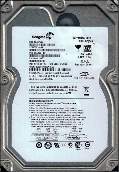 9CA158-501 Seagate Barracuda ES.2 1TB 7200RPM SATA 3Gbps 32MB Cache 3.5-inch Internal Hard Drive