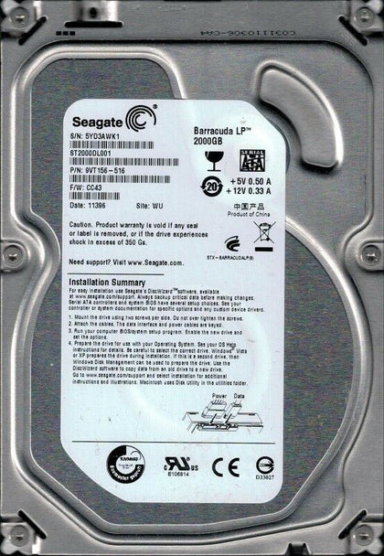 9VT156-516 Seagate Barracuda LP 2TB 5900RPM SATA 3Gbps 32MB Cache 3.5-inch Internal Hard Drive