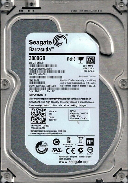 9YN166-501 Seagate Barracuda 3TB 7200RPM SATA 6Gbps 64MB Cache 3.5-inch Internal Hard Drive
